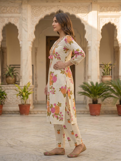 Floral Printed Straight Kurta with Pyjama and Dupatta - Cream