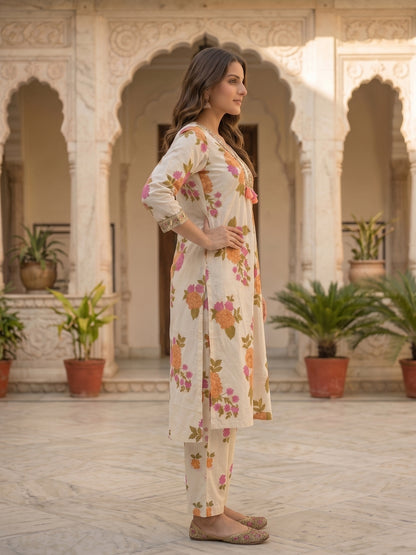 Floral Printed Straight Kurta with Pyjama and Dupatta - Cream