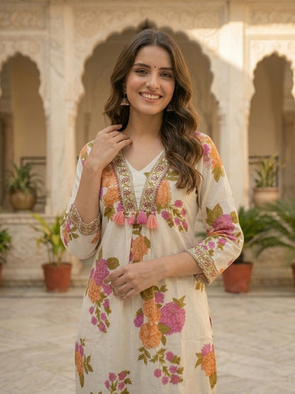 Floral Printed Straight Kurta with Pyjama and Dupatta - Cream