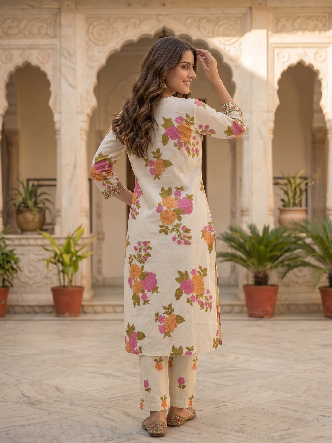 Floral Printed Straight Kurta with Pyjama and Dupatta - Cream