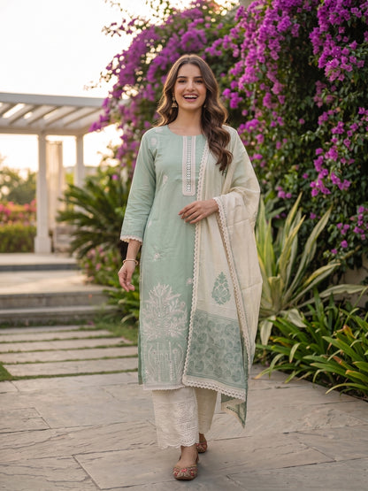 Thread Ari & Mirror Embroidered Kurta with Pyjama and Dupatta - Green