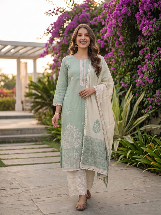 Thread Ari & Mirror Embroidered Kurta with Pyjama and Dupatta - Green