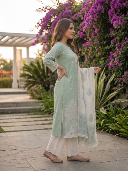 Thread Ari & Mirror Embroidered Kurta with Pyjama and Dupatta - Green