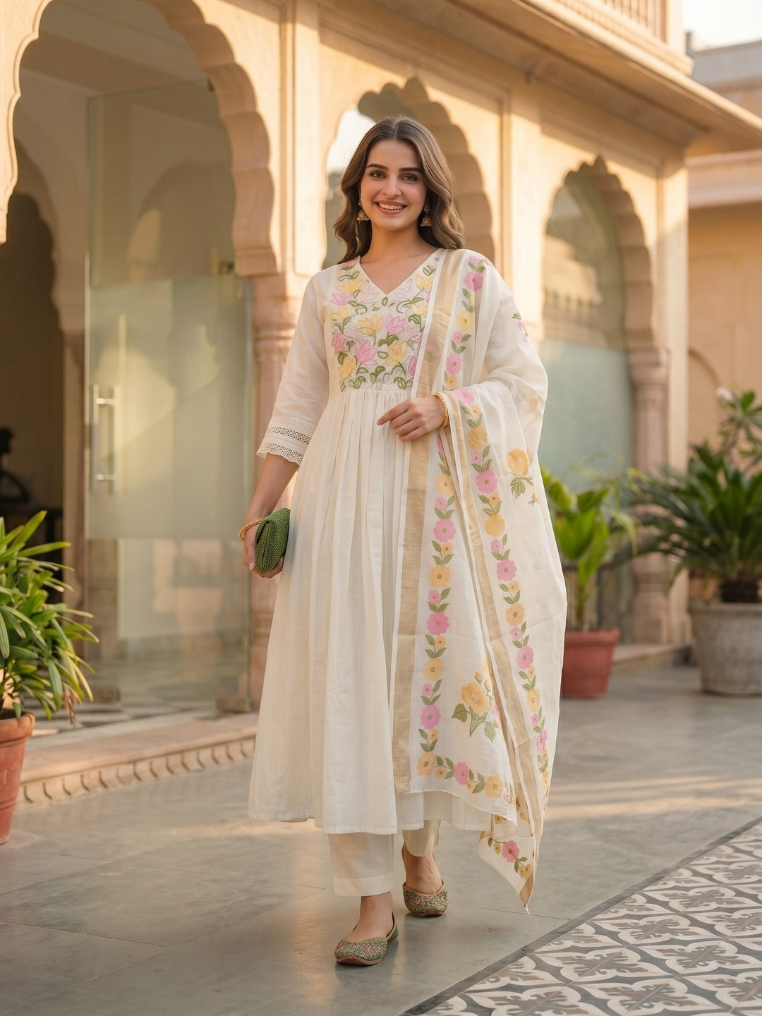 Solid Floral Hand Embroidered A-Line Kurta with Pant & Dupatta - Off White