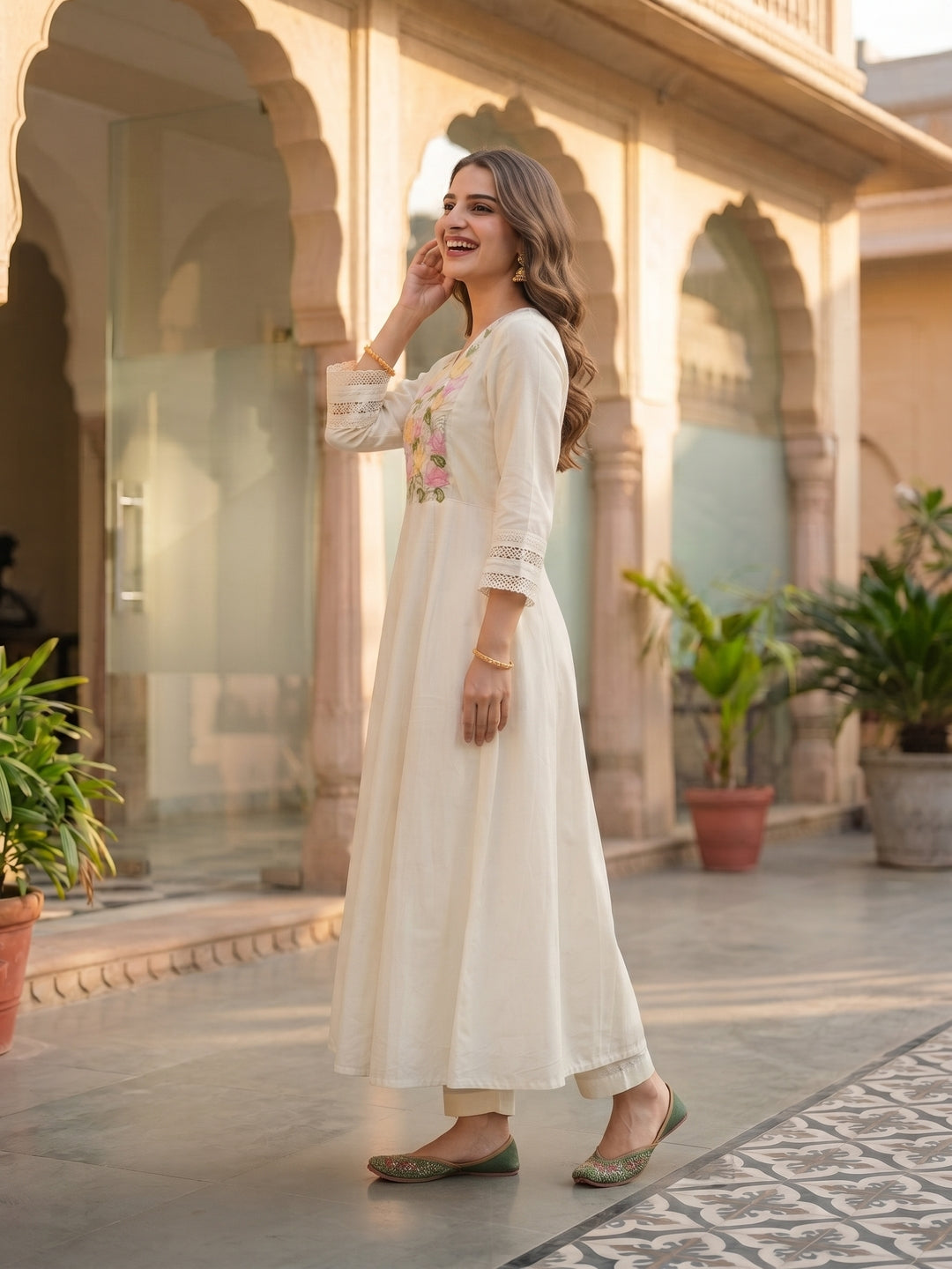 Solid Floral Hand Embroidered A-Line Kurta with Pant & Dupatta - Off White