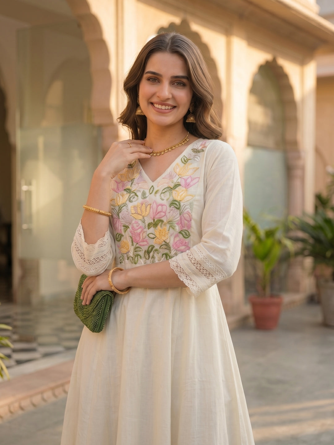 Solid Floral Hand Embroidered A-Line Kurta with Pant & Dupatta - Off White