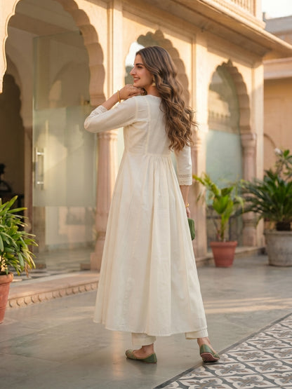 Solid Floral Hand Embroidered A-Line Kurta with Pant & Dupatta - Off White