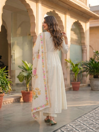Solid Floral Hand Embroidered A-Line Kurta with Pant & Dupatta - Off White