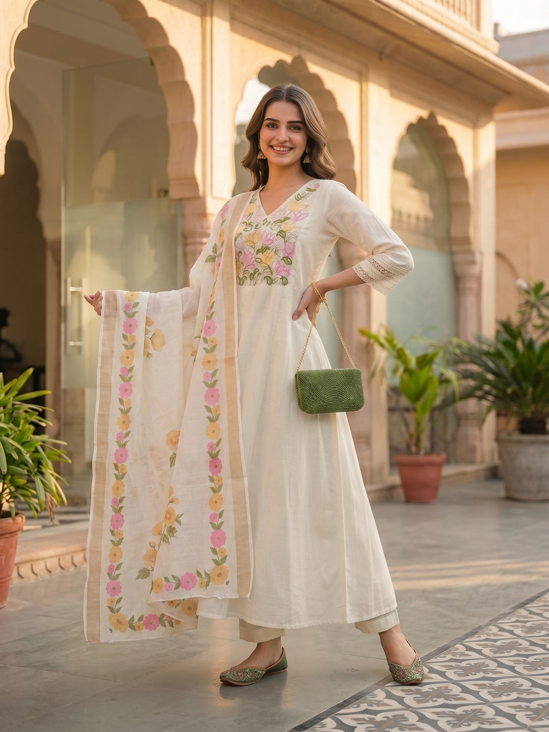 Solid Floral Hand Embroidered A-Line Kurta with Pant & Dupatta - Off White