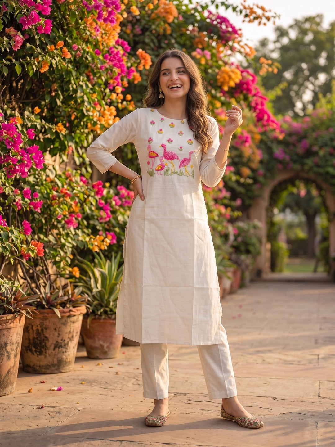 Solid Floral Hand Embroidered Straight Kurta with Pant & Dupatta - Off White