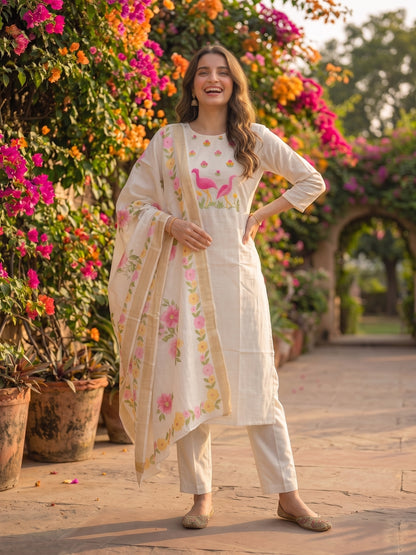 Solid Floral Hand Embroidered Straight Kurta with Pant & Dupatta - Off White