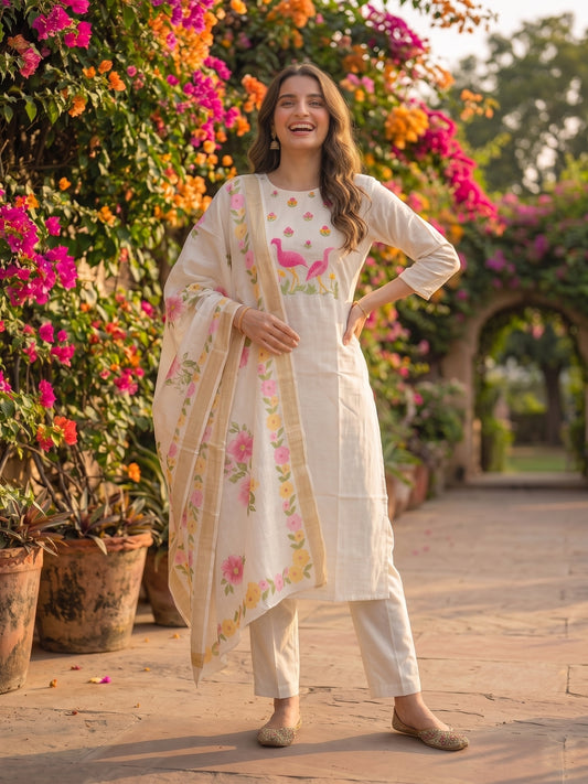 Solid Floral Hand Embroidered Straight Kurta with Pant & Dupatta - Off White