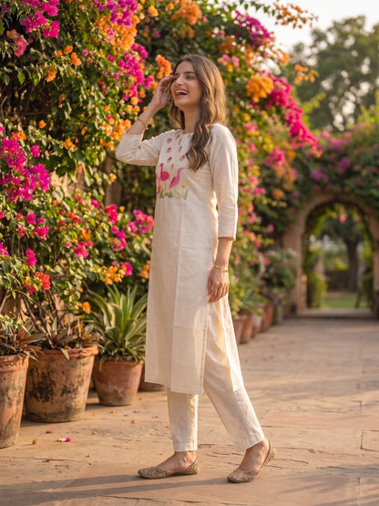 Solid Floral Hand Embroidered Straight Kurta with Pant & Dupatta - Off White