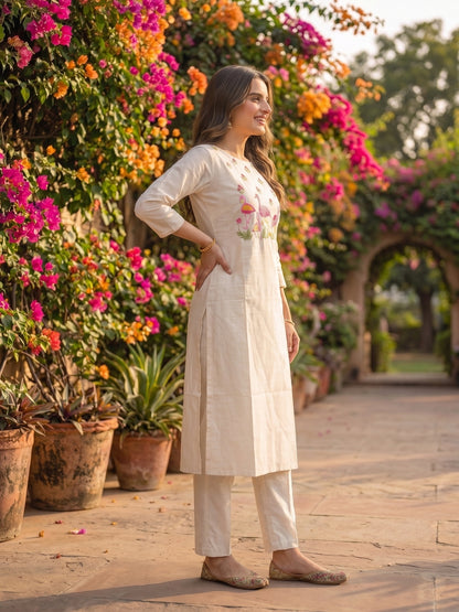 Solid Floral Hand Embroidered Straight Kurta with Pant & Dupatta - Off White