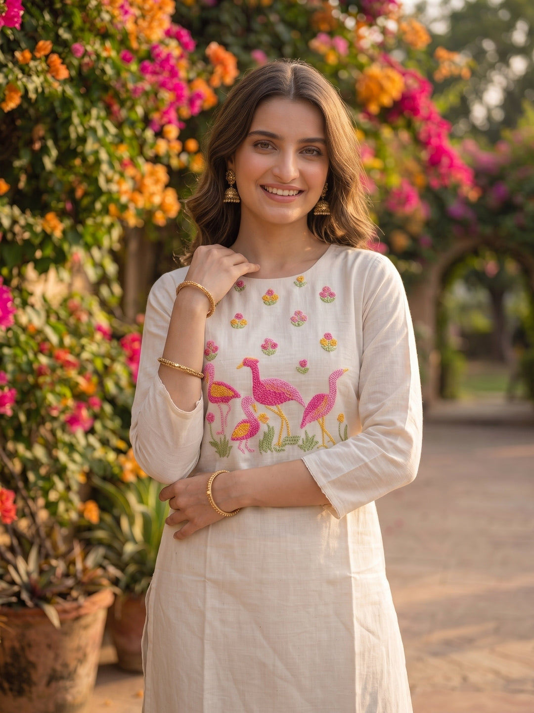 Solid Floral Hand Embroidered Straight Kurta with Pant & Dupatta - Off White