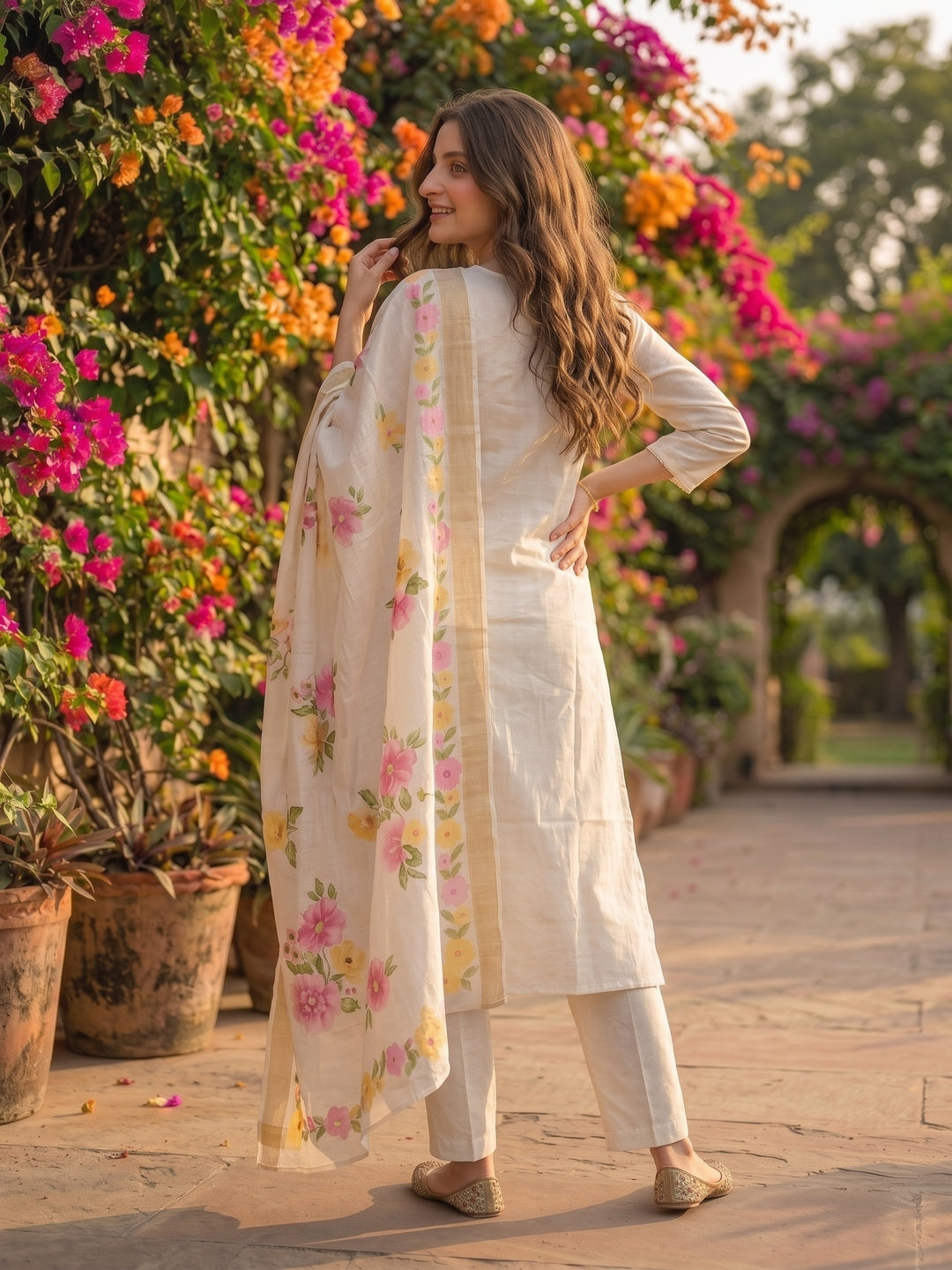 Solid Floral Hand Embroidered Straight Kurta with Pant & Dupatta - Off White
