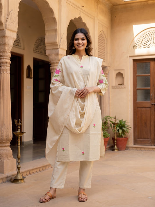 Solid Floral Hand Embroidered Straight Kurta with Pant & Dupatta - Off White