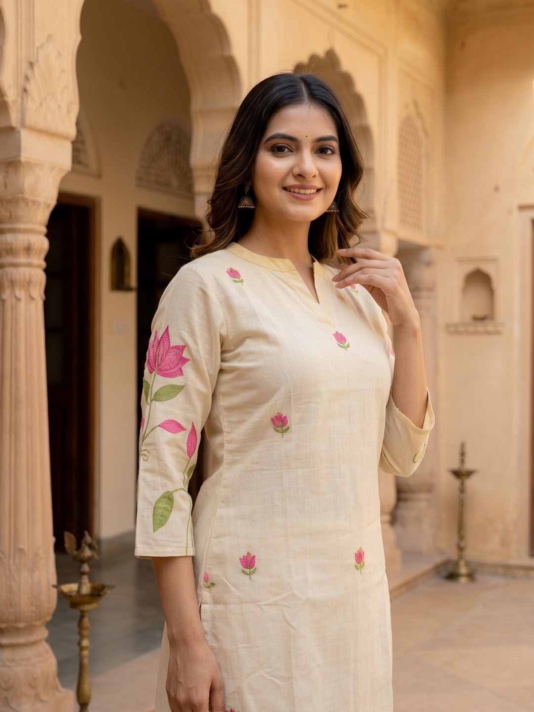 Solid Floral Hand Embroidered Straight Kurta with Pant & Dupatta - Off White