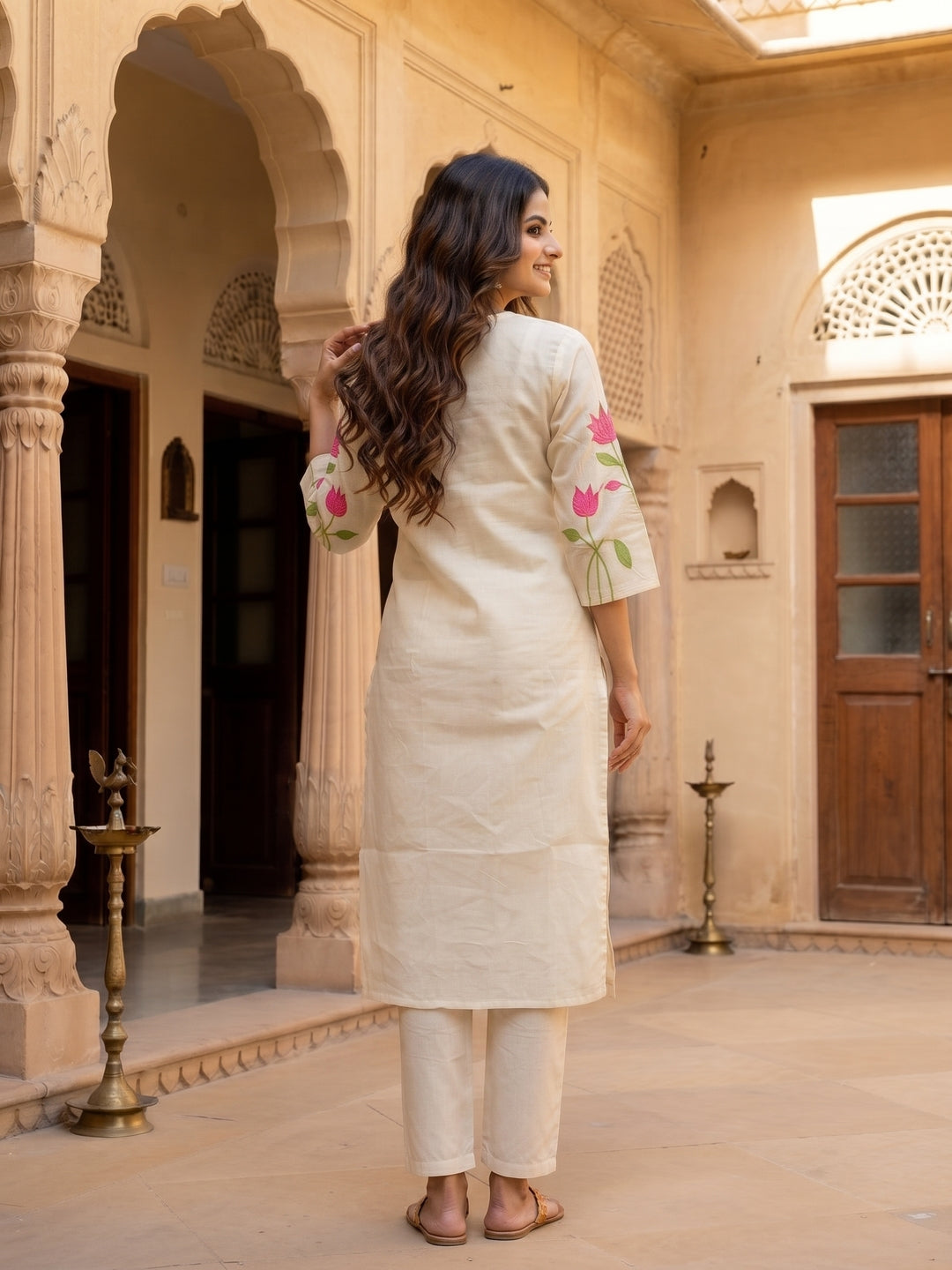 Solid Floral Hand Embroidered Straight Kurta with Pant & Dupatta - Off White