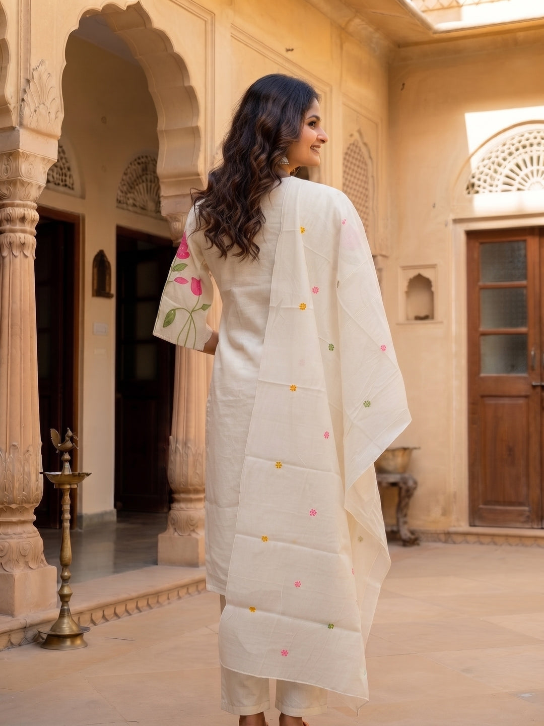 Solid Floral Hand Embroidered Straight Kurta with Pant & Dupatta - Off White