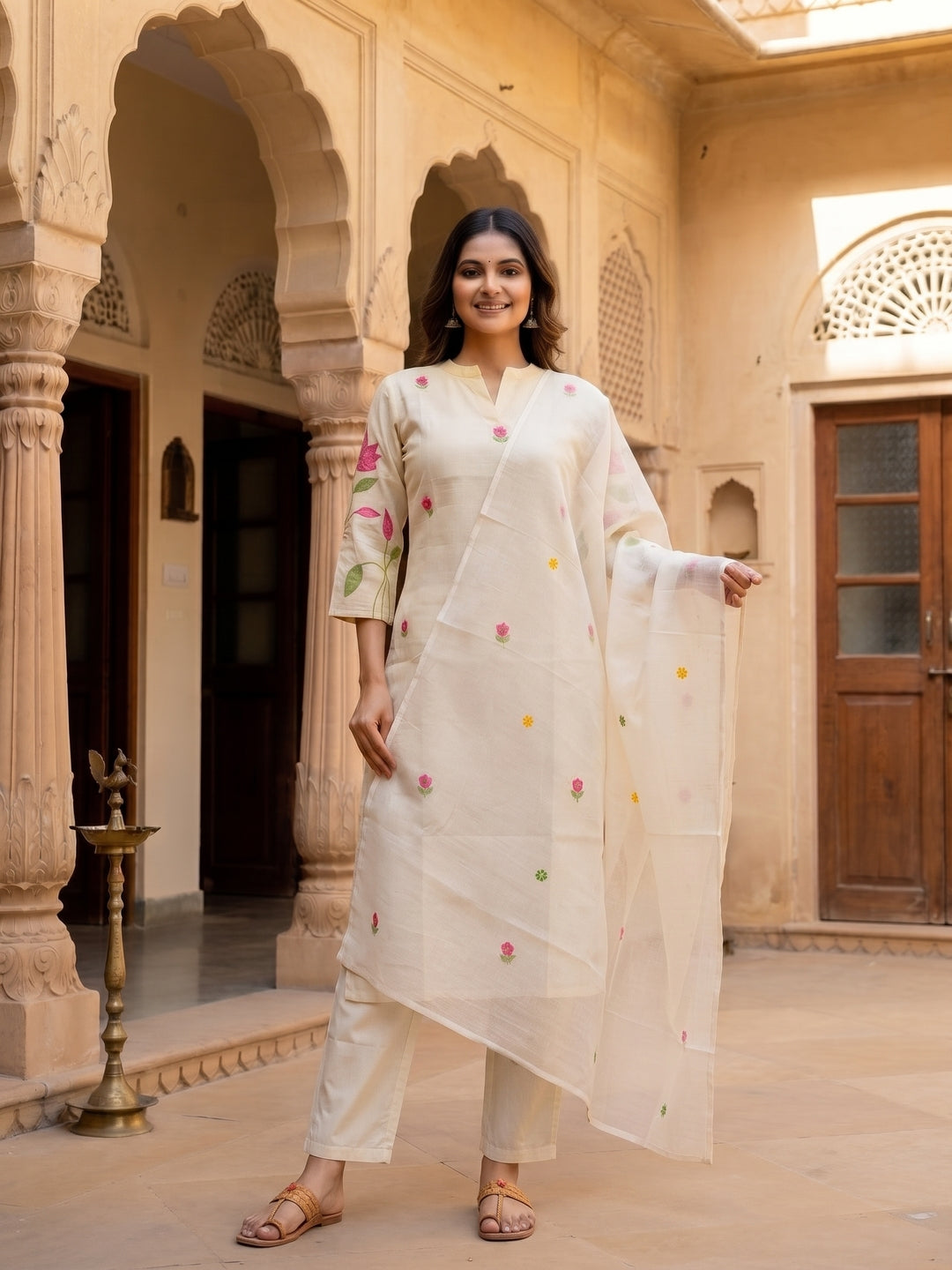 Solid Floral Hand Embroidered Straight Kurta with Pant & Dupatta - Off White