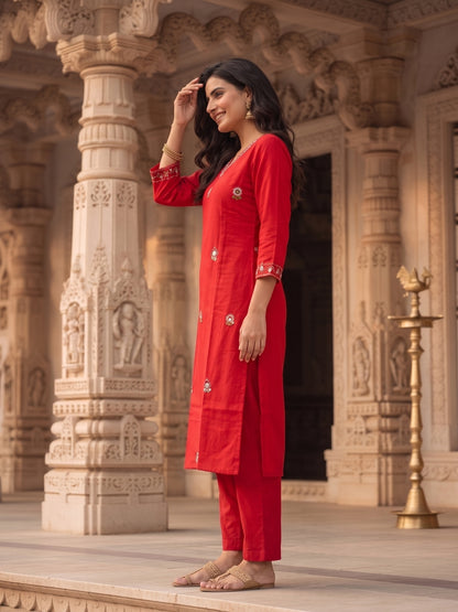 Solid Floral Embroidered Straight Kurta with Pant - Red