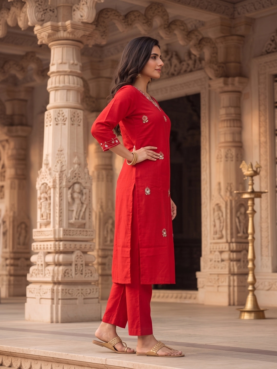 Solid Floral Embroidered Straight Kurta with Pant - Red