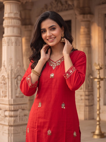 Solid Floral Embroidered Straight Kurta with Pant - Red