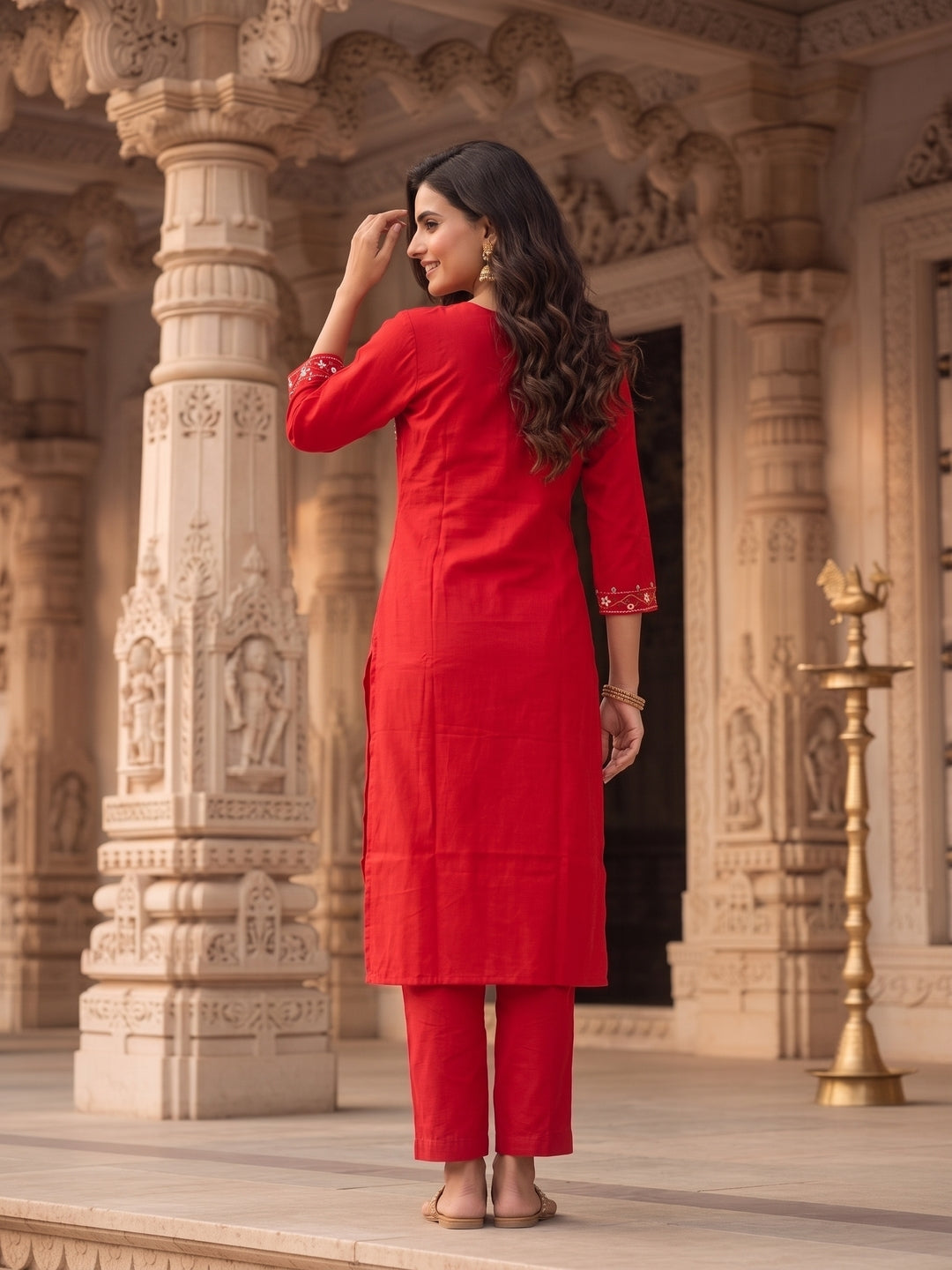 Solid Floral Embroidered Straight Kurta with Pant - Red