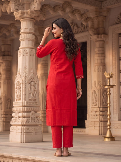 Solid Floral Embroidered Straight Kurta with Pant - Red