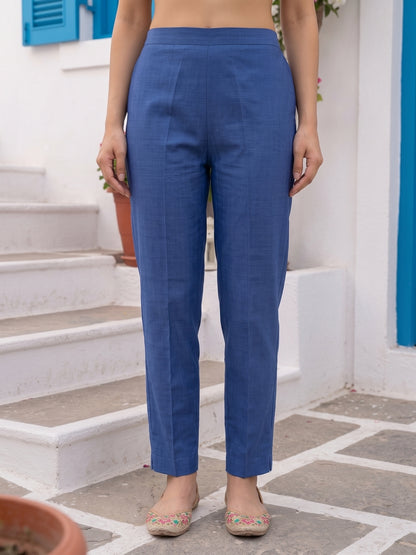 Solid Floral Embroidered Straight Kurta with Pant - Blue
