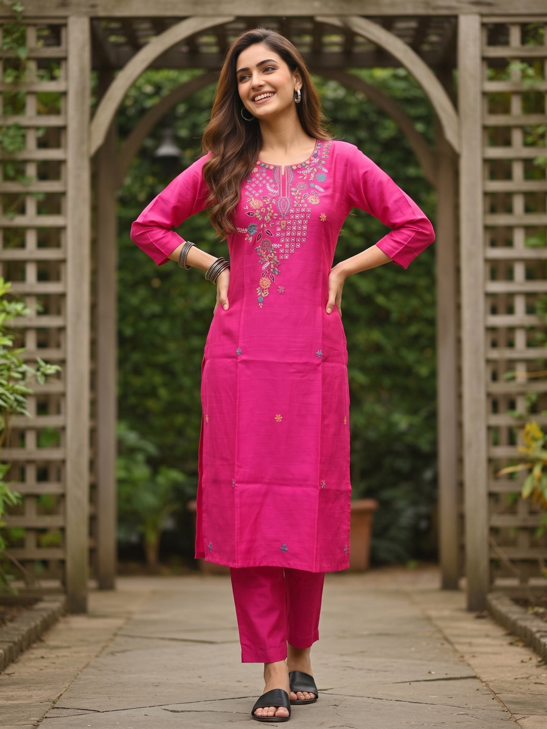 Solid Floral Embroidered Straight Kurta with Pant - Rani