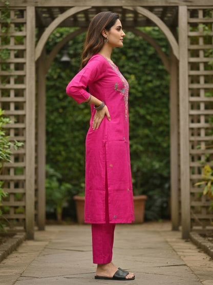 Solid Floral Embroidered Straight Kurta with Pant - Rani