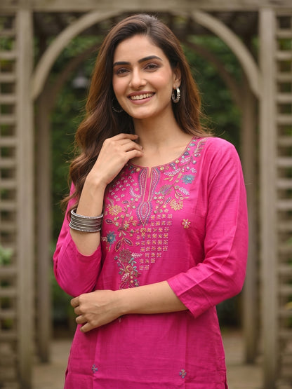 Solid Floral Embroidered Straight Kurta with Pant - Rani