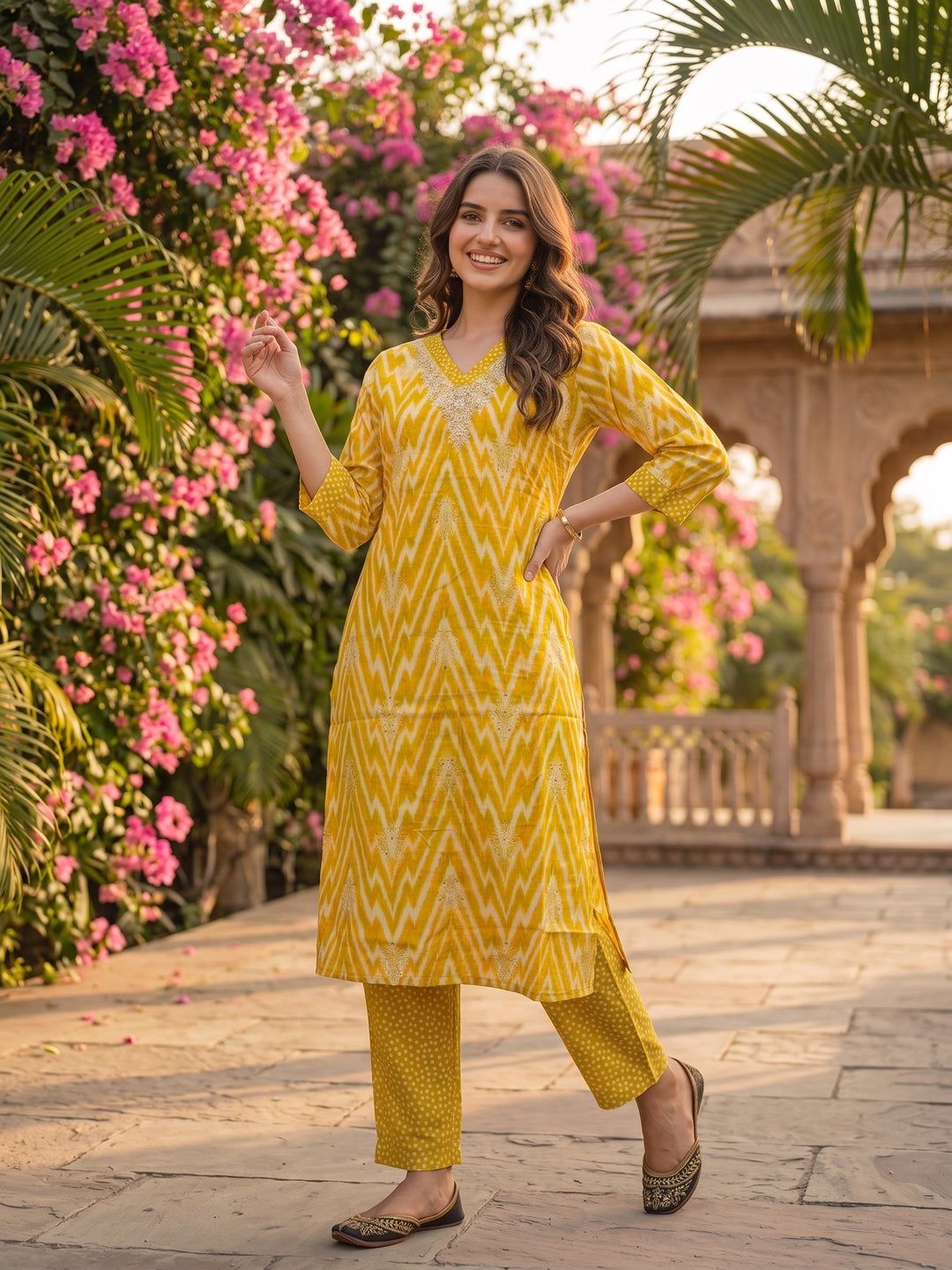 Ethnic Printed Hand Embroidered Straight Kurta with Pant & Dupatta - Mustard