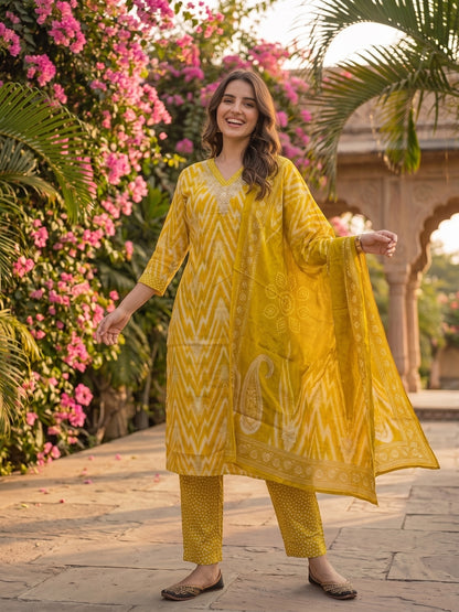Ethnic Printed Hand Embroidered Straight Kurta with Pant & Dupatta - Mustard