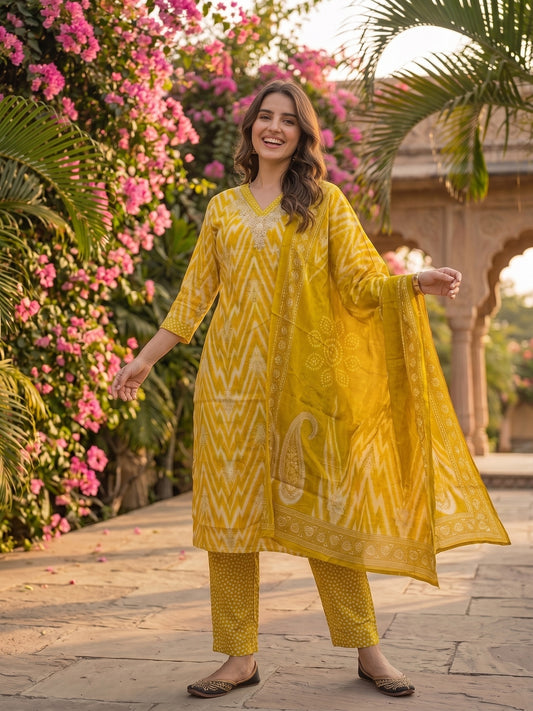 Ethnic Printed Hand Embroidered Straight Kurta with Pant & Dupatta - Mustard