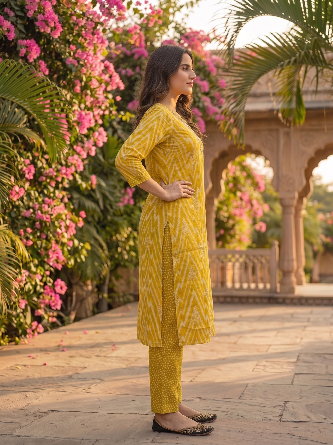 Ethnic Printed Hand Embroidered Straight Kurta with Pant & Dupatta - Mustard