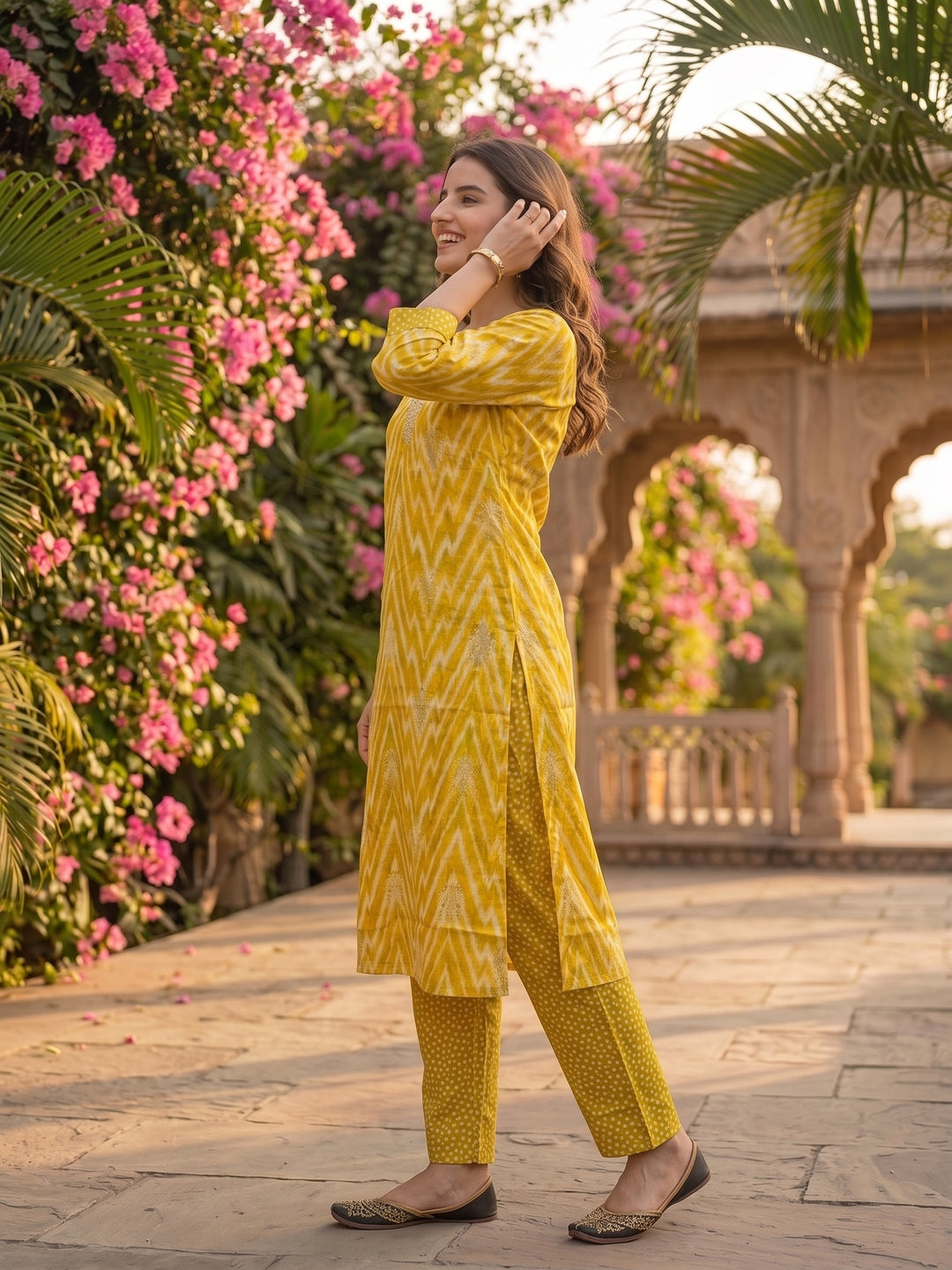Ethnic Printed Hand Embroidered Straight Kurta with Pant & Dupatta - Mustard