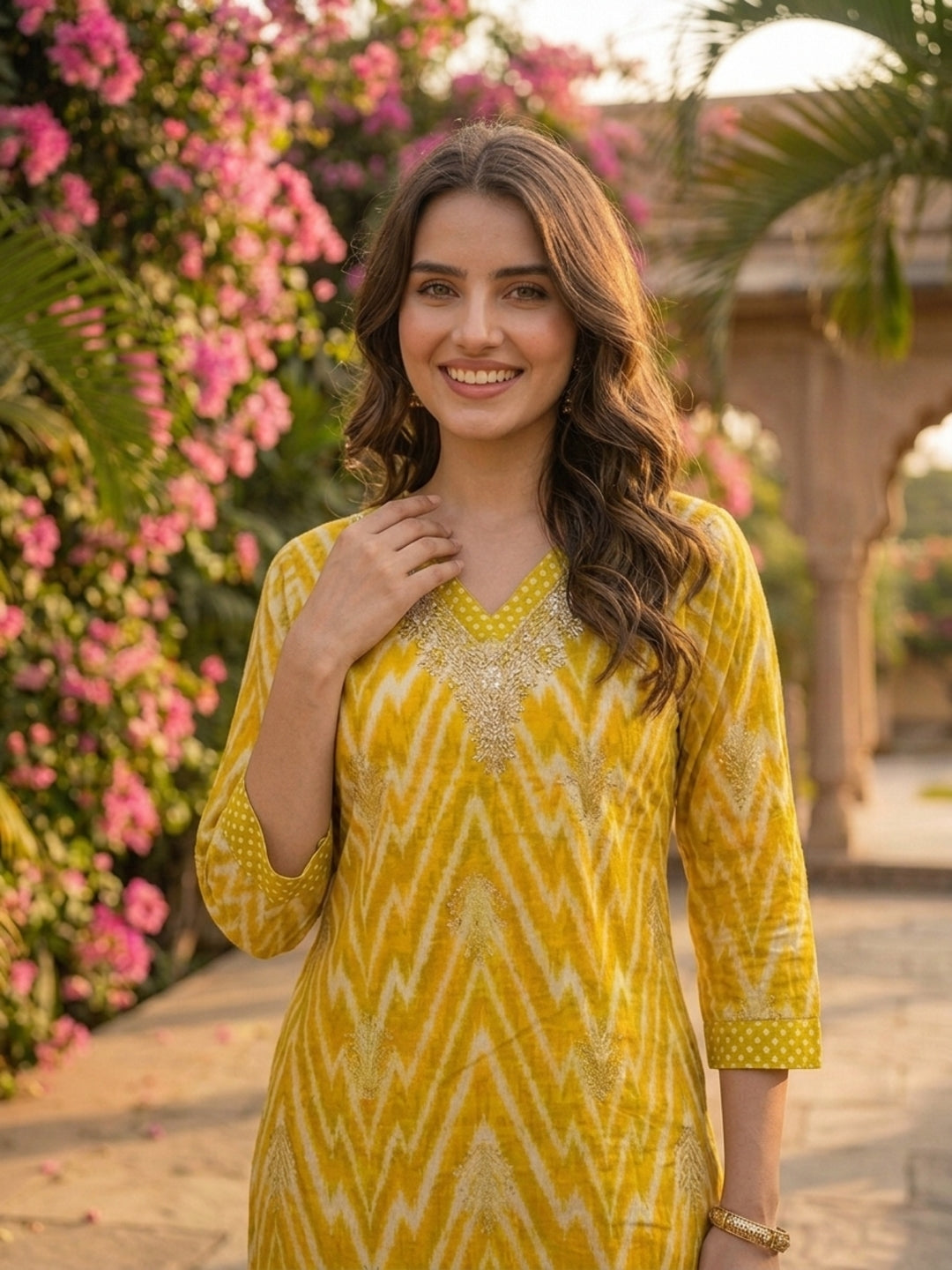 Ethnic Printed Hand Embroidered Straight Kurta with Pant & Dupatta - Mustard