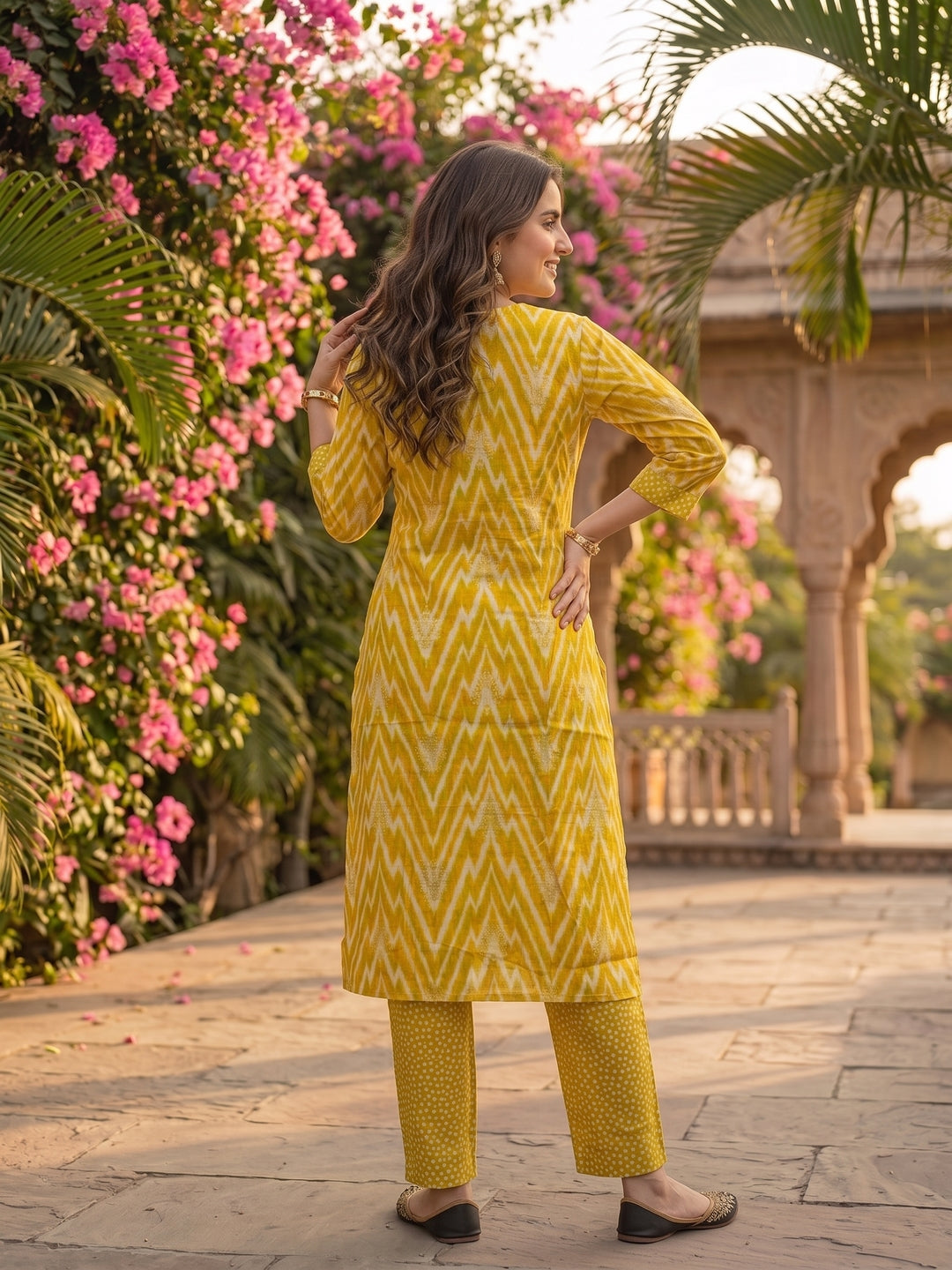 Ethnic Printed Hand Embroidered Straight Kurta with Pant & Dupatta - Mustard