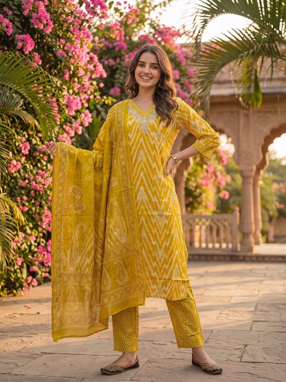 Ethnic Printed Hand Embroidered Straight Kurta with Pant & Dupatta - Mustard