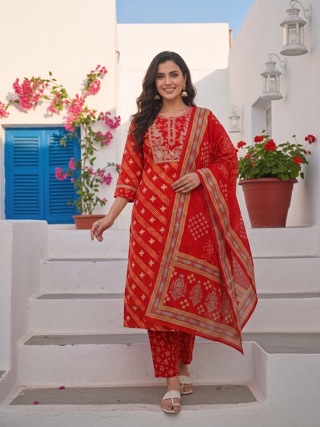 Bandhani Printed & Embroidered Straight Kurta with Pant & Dupatta - Red