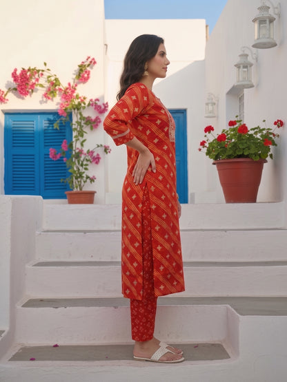 Bandhani Printed & Embroidered Straight Kurta with Pant & Dupatta - Red