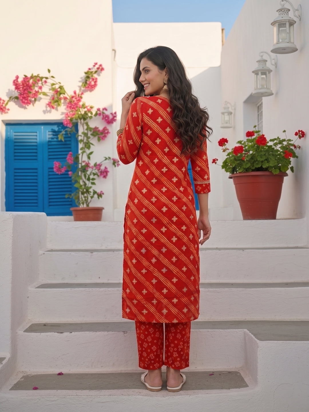 Bandhani Printed & Embroidered Straight Kurta with Pant & Dupatta - Red