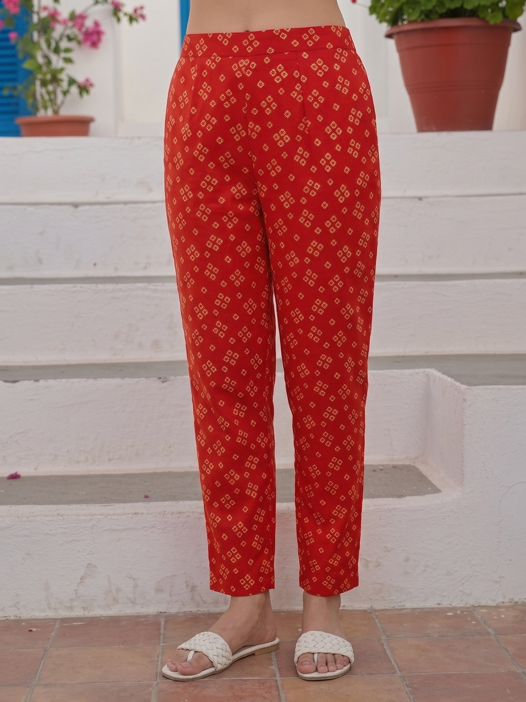Bandhani Printed & Embroidered Straight Kurta with Pant & Dupatta - Red