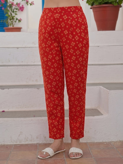 Bandhani Printed & Embroidered Straight Kurta with Pant & Dupatta - Red