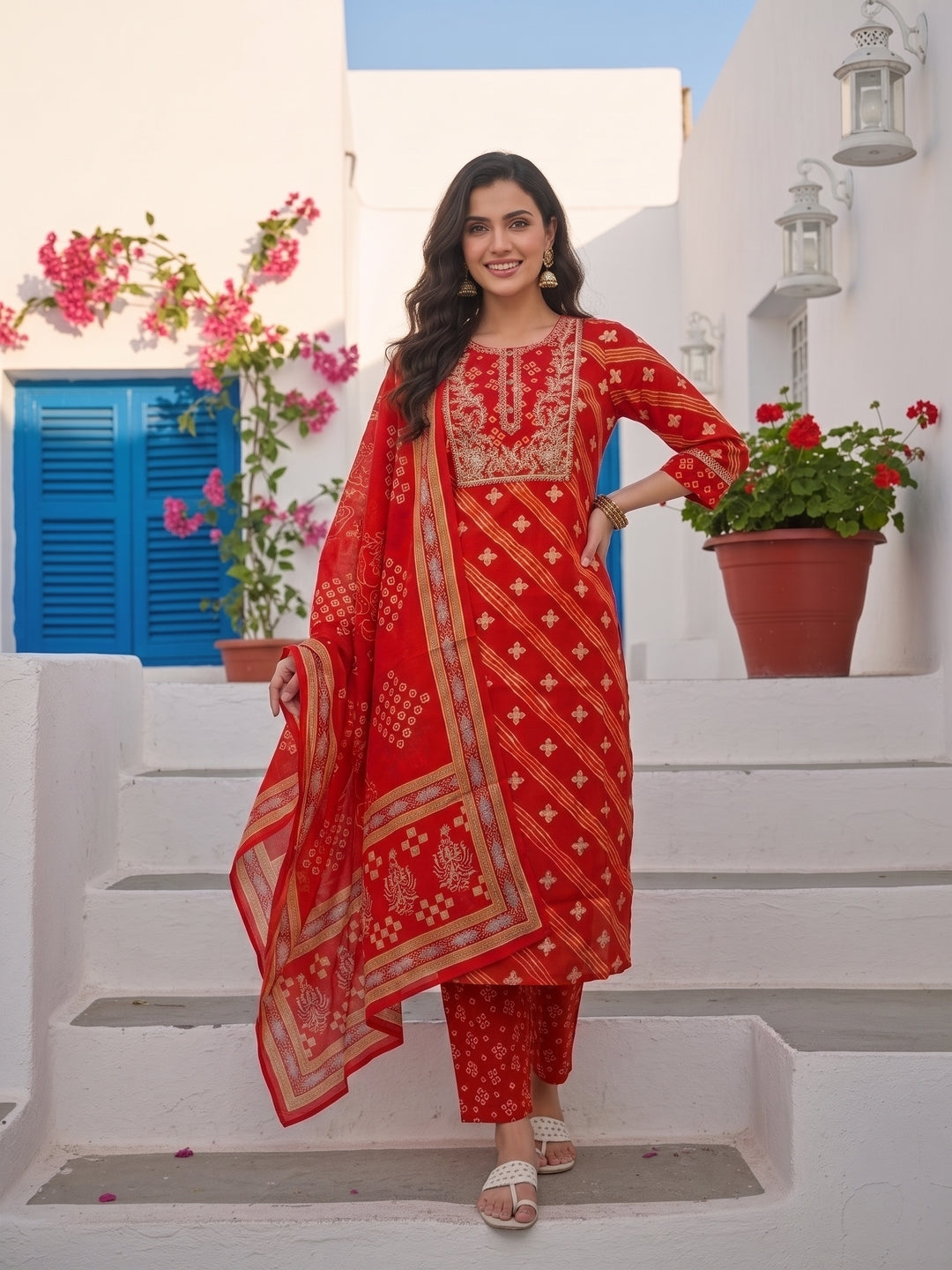 Bandhani Printed & Embroidered Straight Kurta with Pant & Dupatta - Red