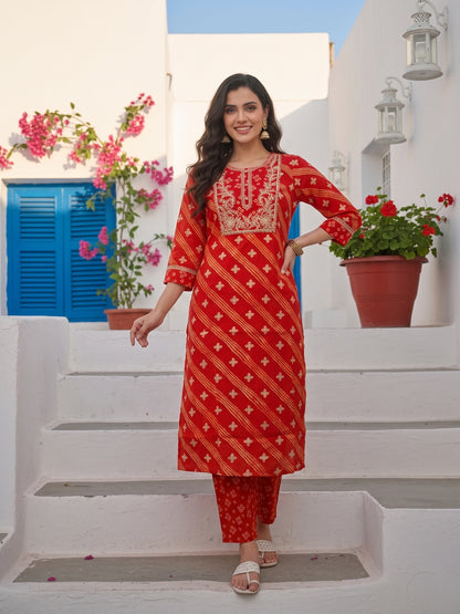 Bandhani Printed & Embroidered Straight Kurta with Pant & Dupatta - Red