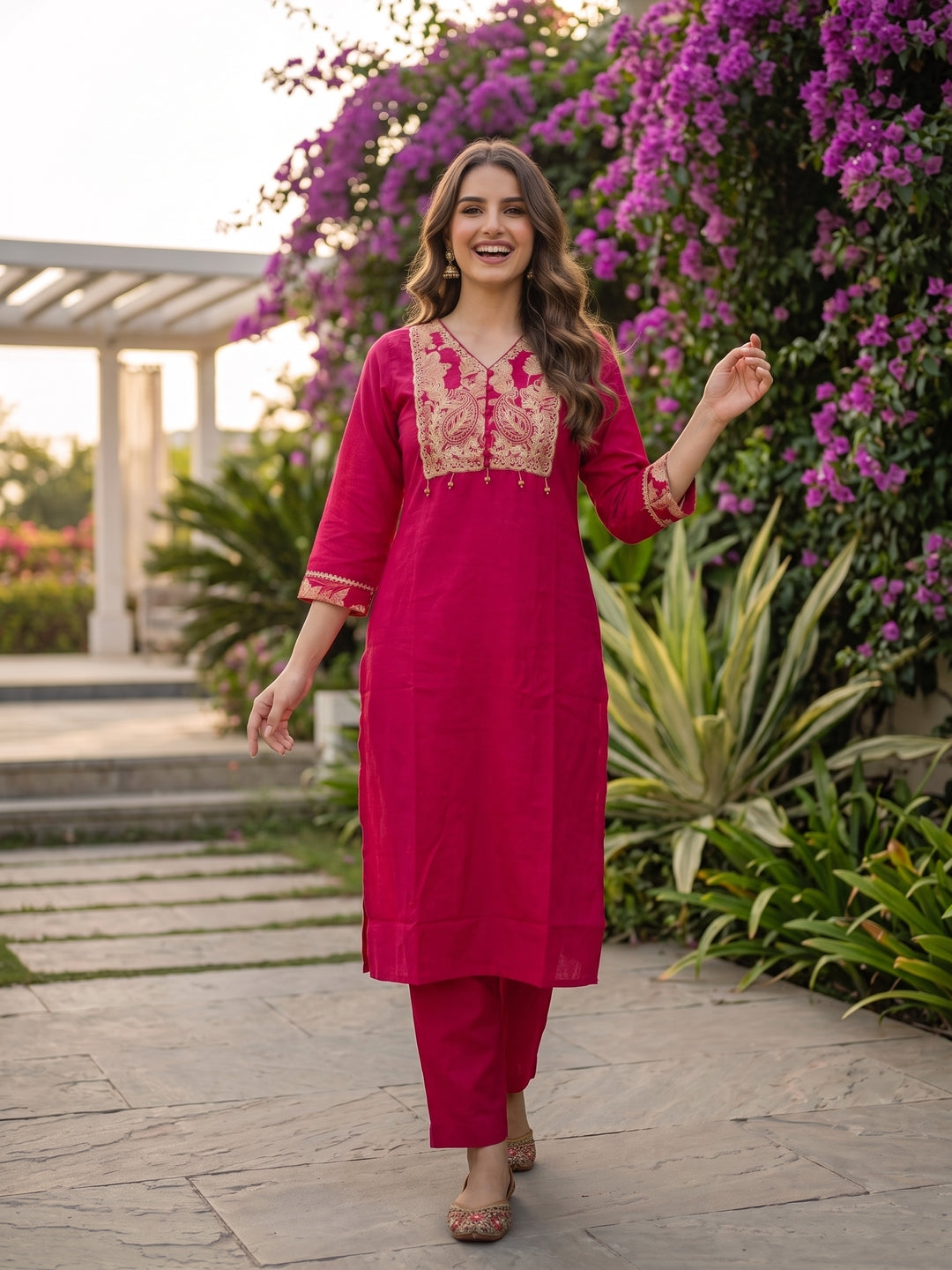 Solid Floral Embroidered Straight Kurta with Pant & Dupatta - Rani